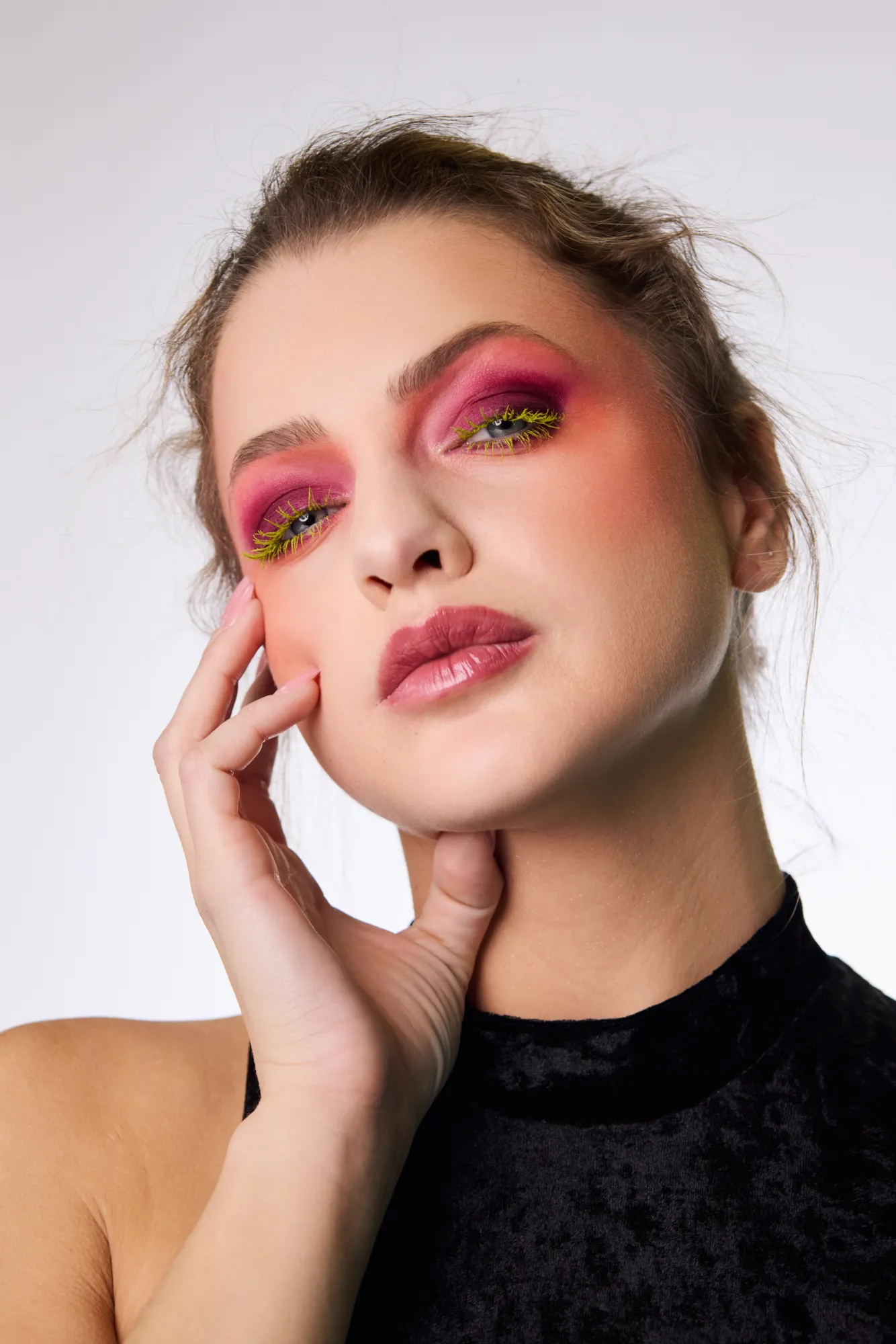 Bold beauty photo of burgundy smokey eye makeup with colourful green lashes by Oana's Beauty Room